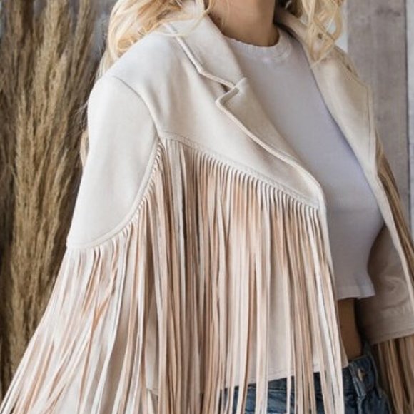 Sand Vegan Faux Suede Fringe Cropped Boho Western Moto Jacket Top Walford - Picture 7 of 7